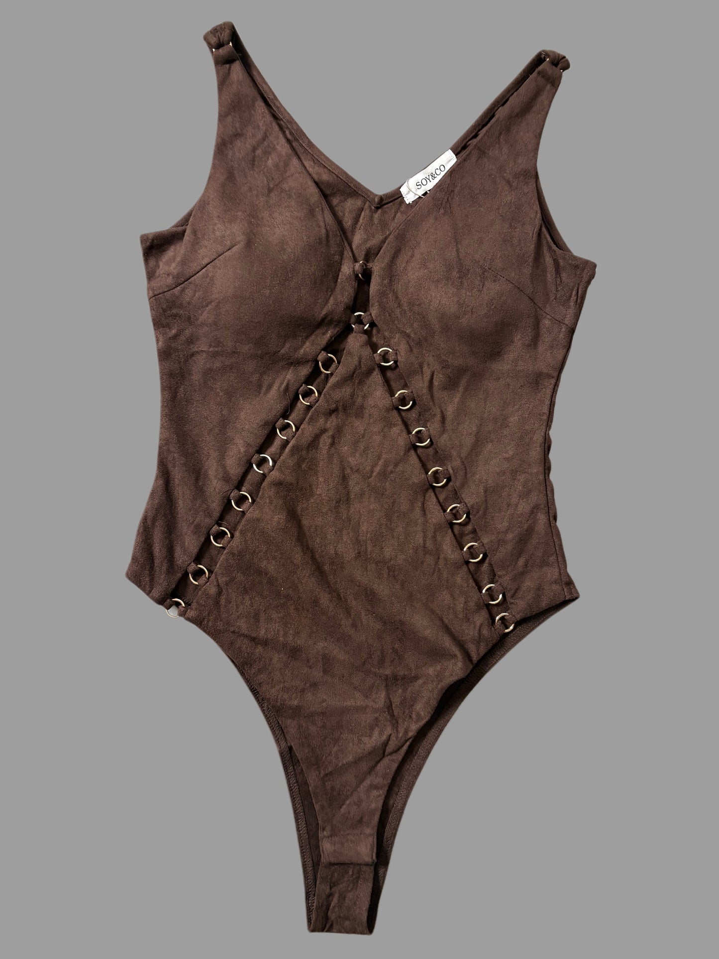 Body marrone effetto camoscio con anelli frontali ModaFilo.com modafilo