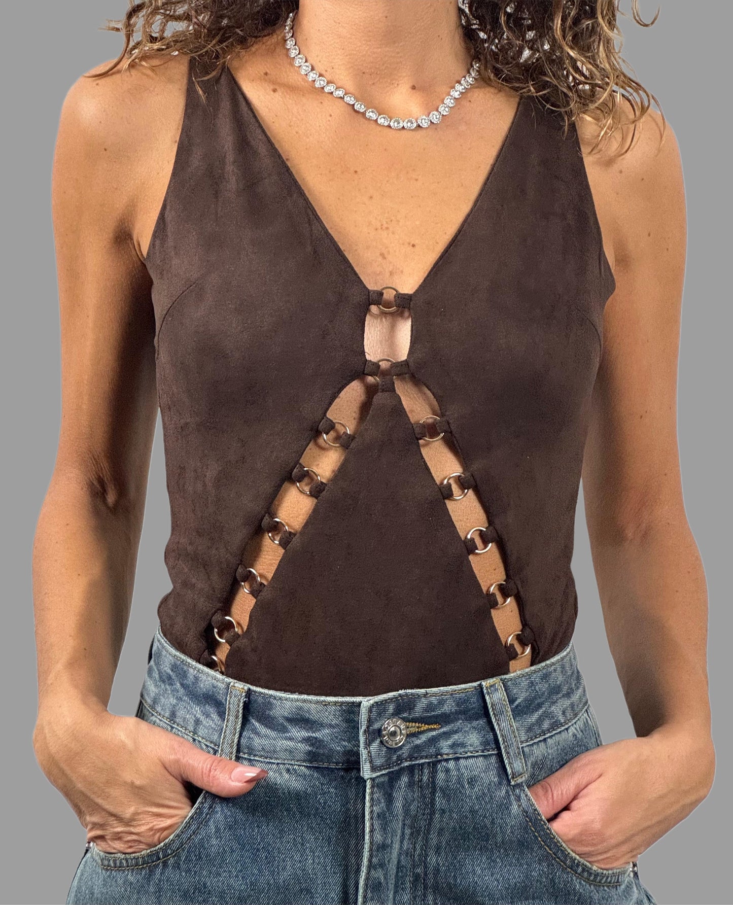 Body marrone effetto camoscio con anelli frontali ModaFilo.com modafilo