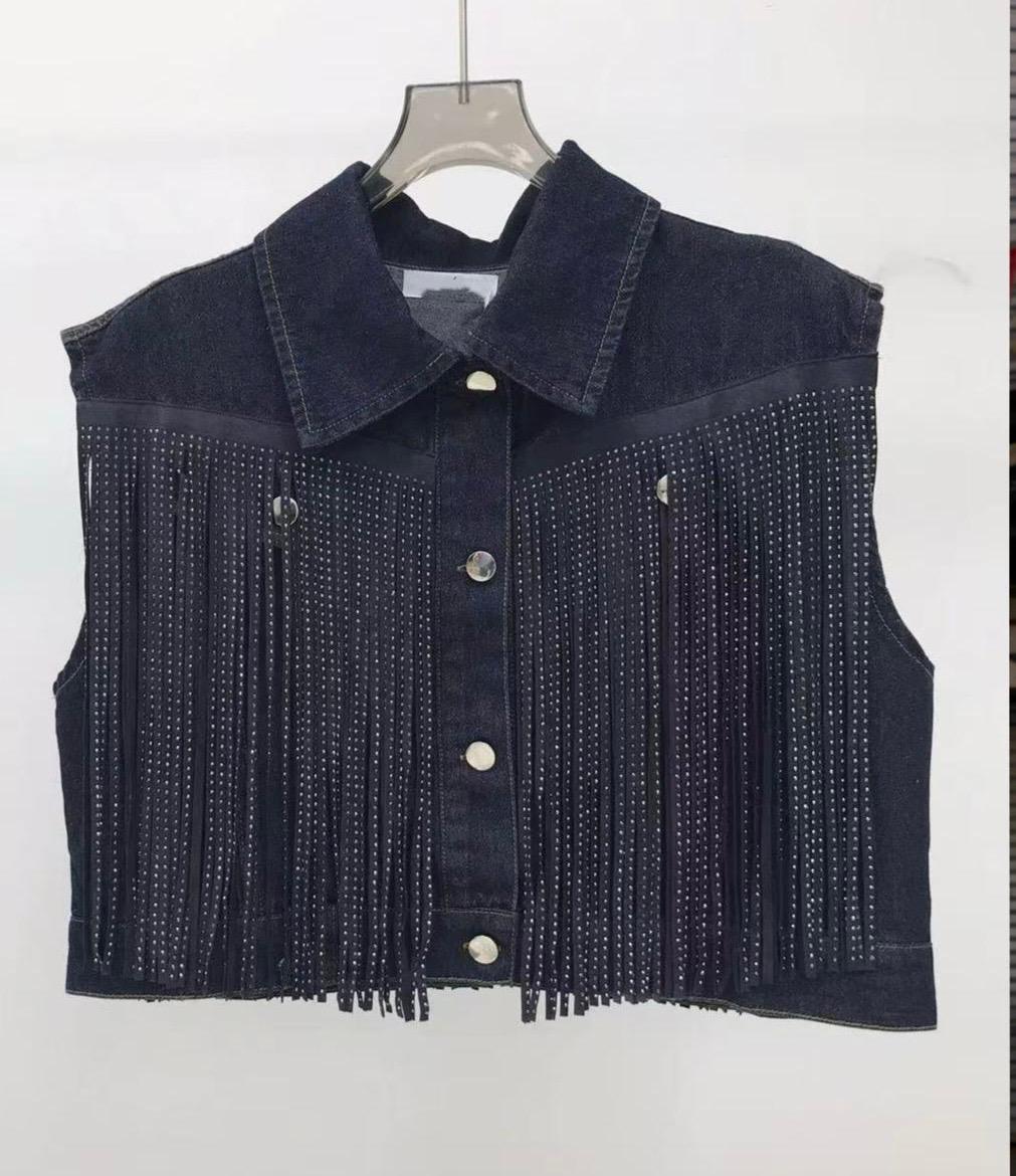 Gilet in denim scuro con frange strass ModaFilo.com modafilo