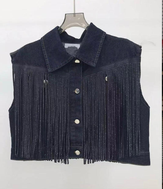 Gilet in denim scuro con frange strass ModaFilo.com modafilo