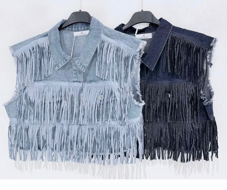 Gilet in denim chiaro con frange strass ModaFilo.com modafilo