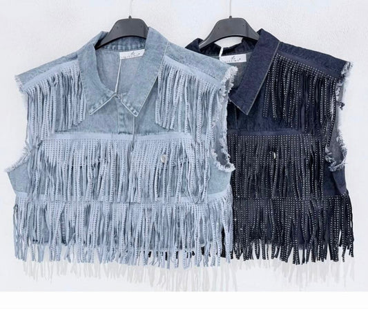 Gilet in denim chiaro con frange strass ModaFilo.com modafilo