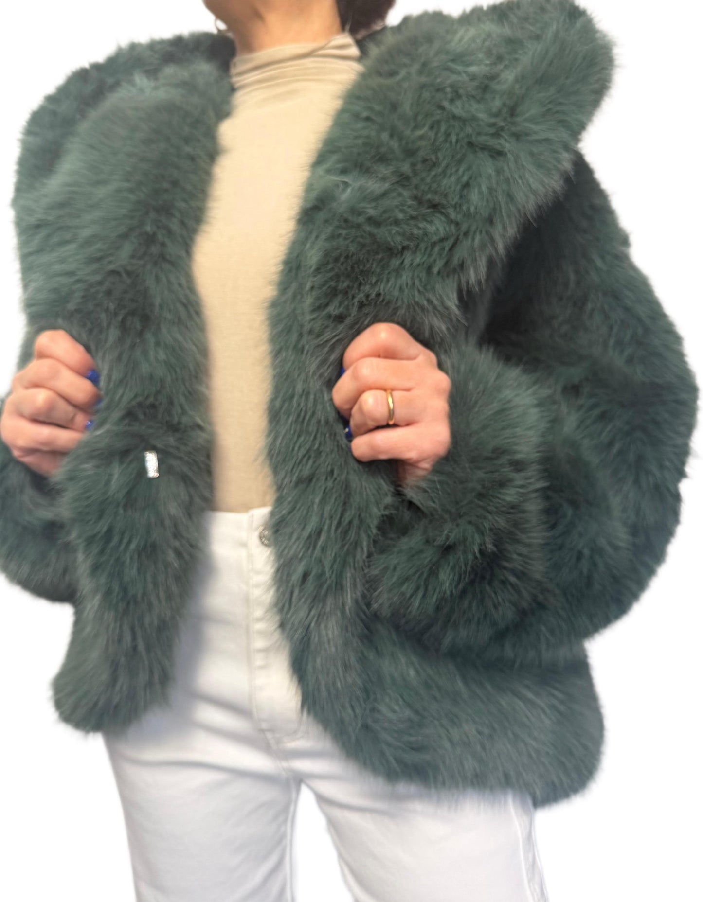 Ecopelliccia verde smeraldo con gancio strass